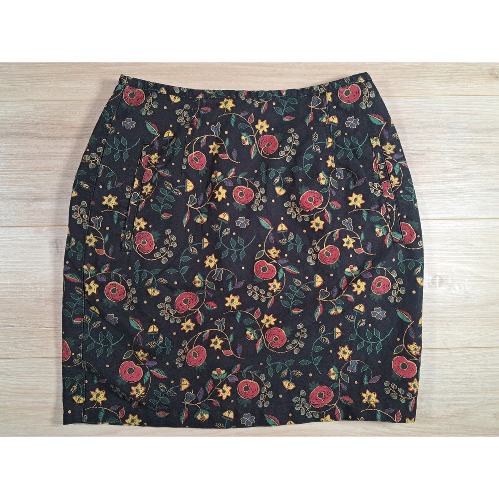 Vintage Esprit Floral Mini Skirt Black‎ Linen Cotton Blend Size 11/12 90s Boho